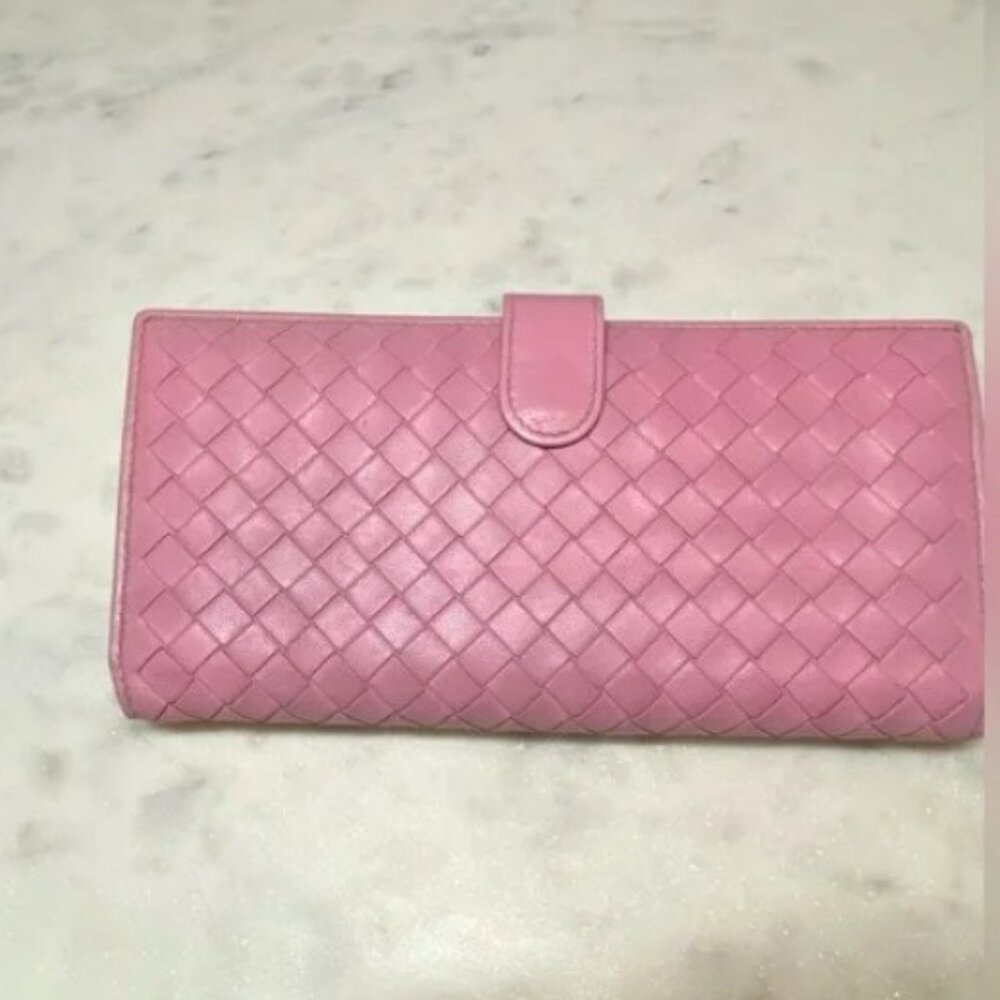 PINK Authentic Bottega Veneta Intrecciato Snap Long Wallet